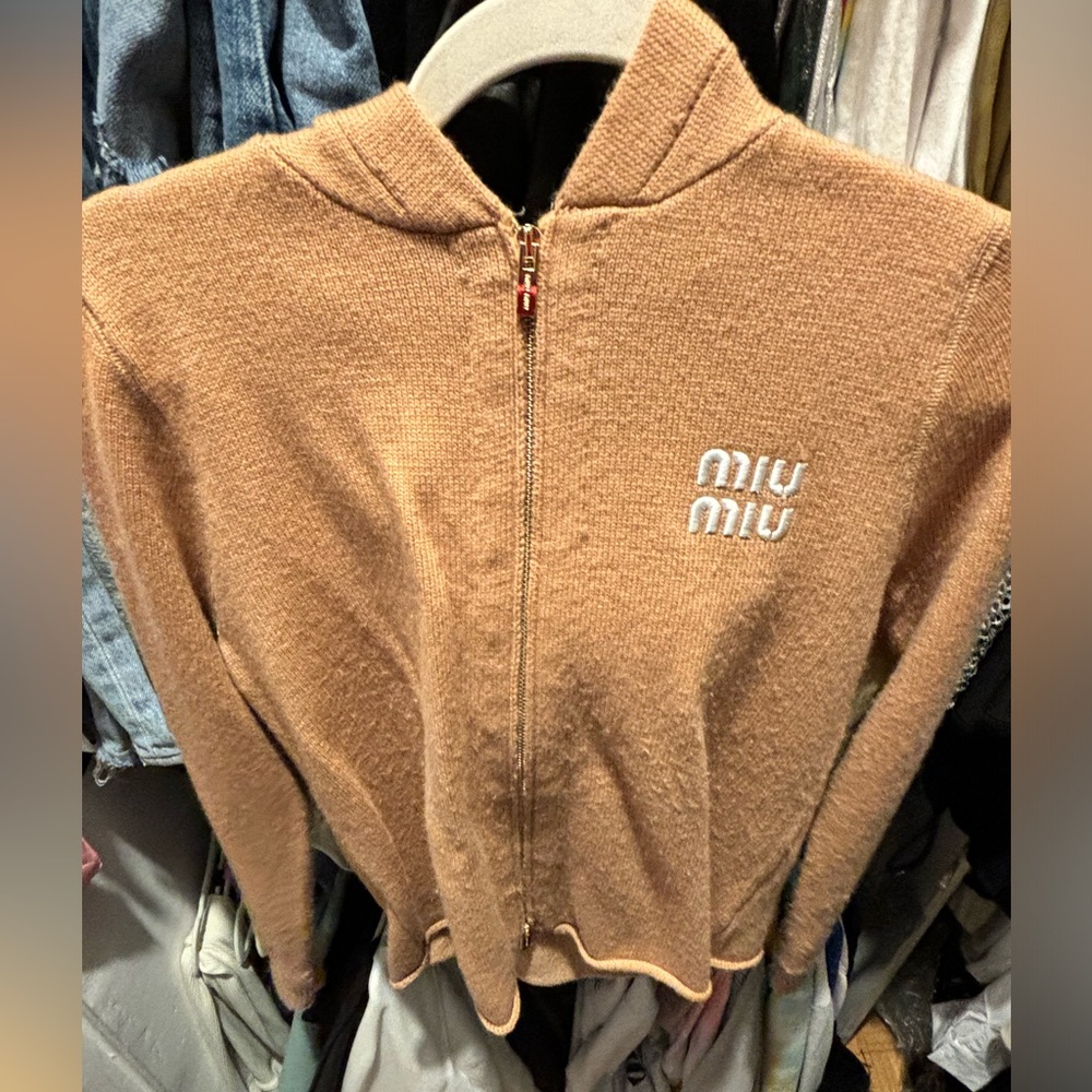 Miu Miu Cream Tan Cropped Fitted Hoodie